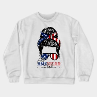 All American Girl 4th Of July Shirt Women Messy Bun USA Flag Crewneck Sweatshirt